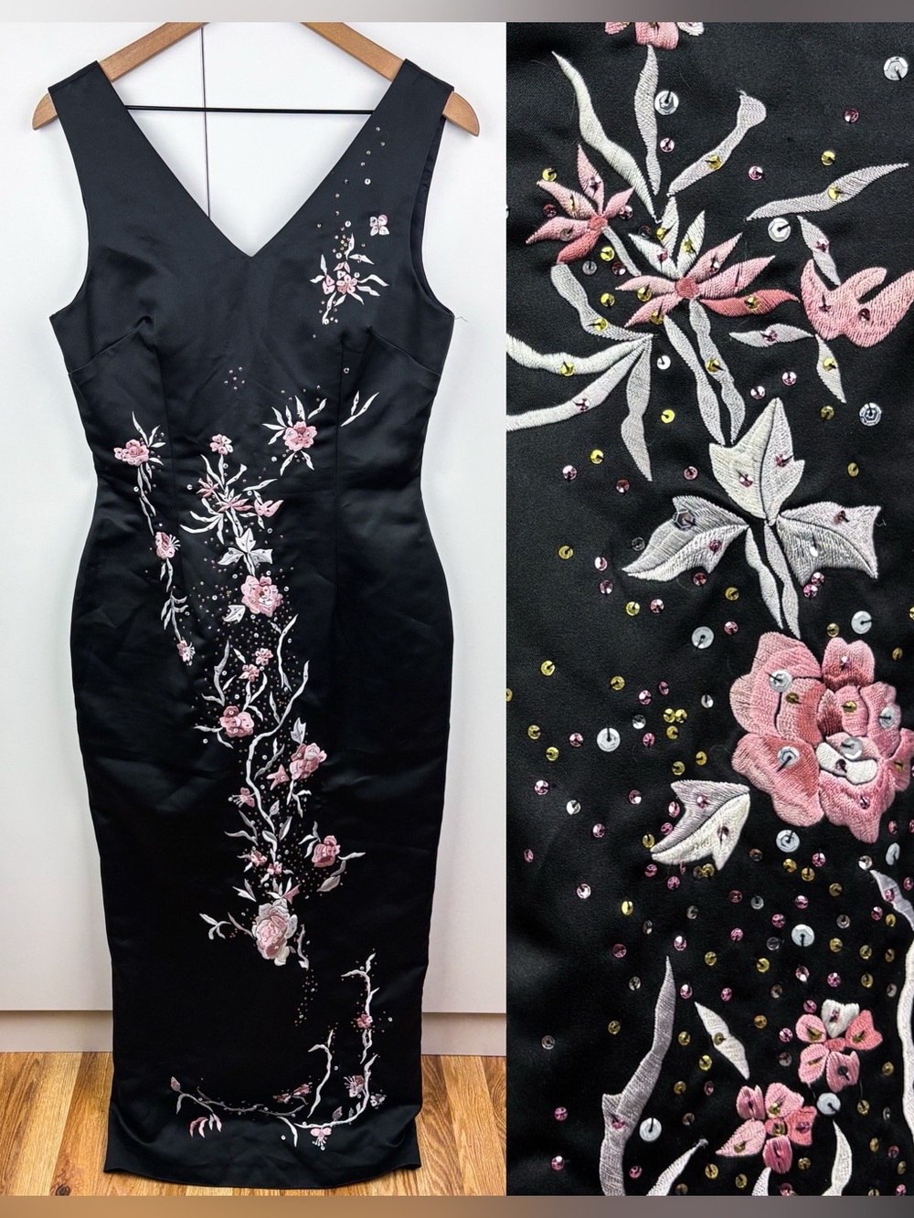 Y2K Black Satin Pink Floral Embroidered Sequin Formal Evening Gown Dress Vintage